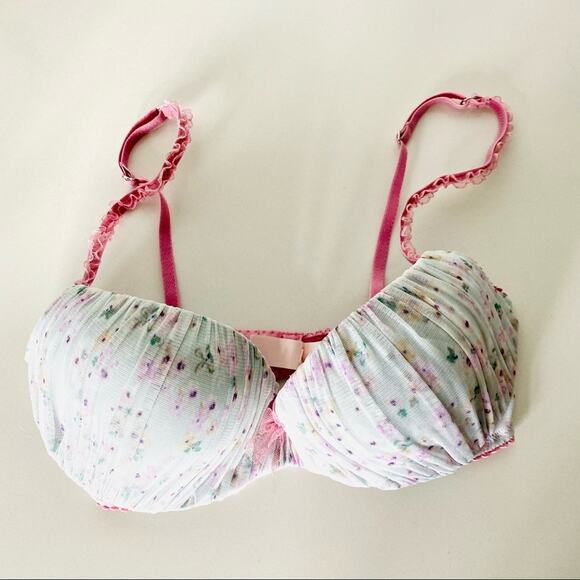 NEW VS VICTORIAS SECRET Blue Mesh Lavender Floral Ruffle Padded Demi Bra 32D - Picture 8 of 8